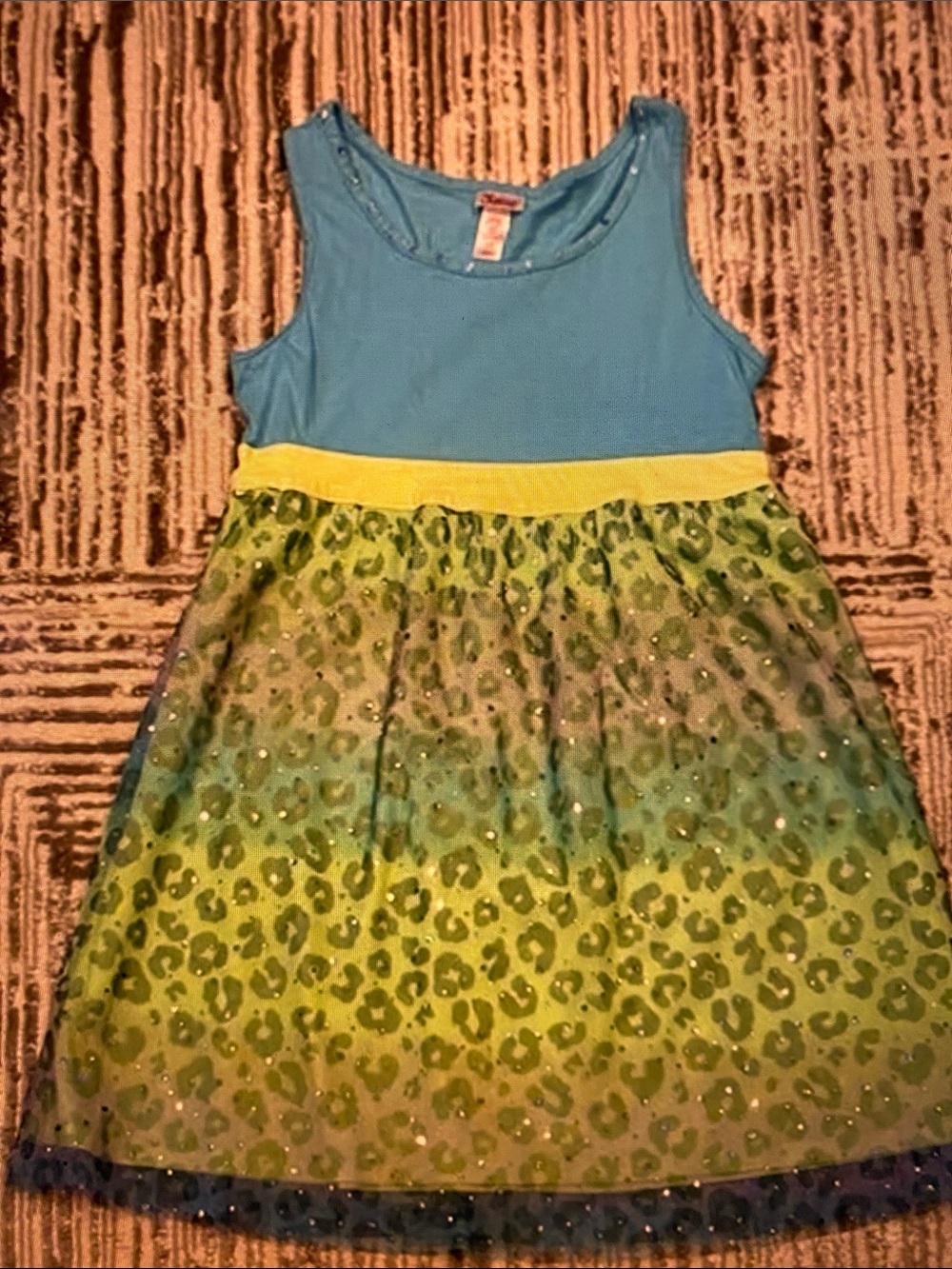 Justice Blue Tank Dress with Yellow Waistband and Green Leopard Skirt